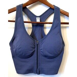 Velocity Sports Bra L Blue Front Zip Racerback Seamless Pickleball Post Surgery